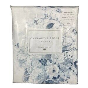 Cabbages and Roses London King Duvet Cover plus 2 Shams Set Constance Blue White